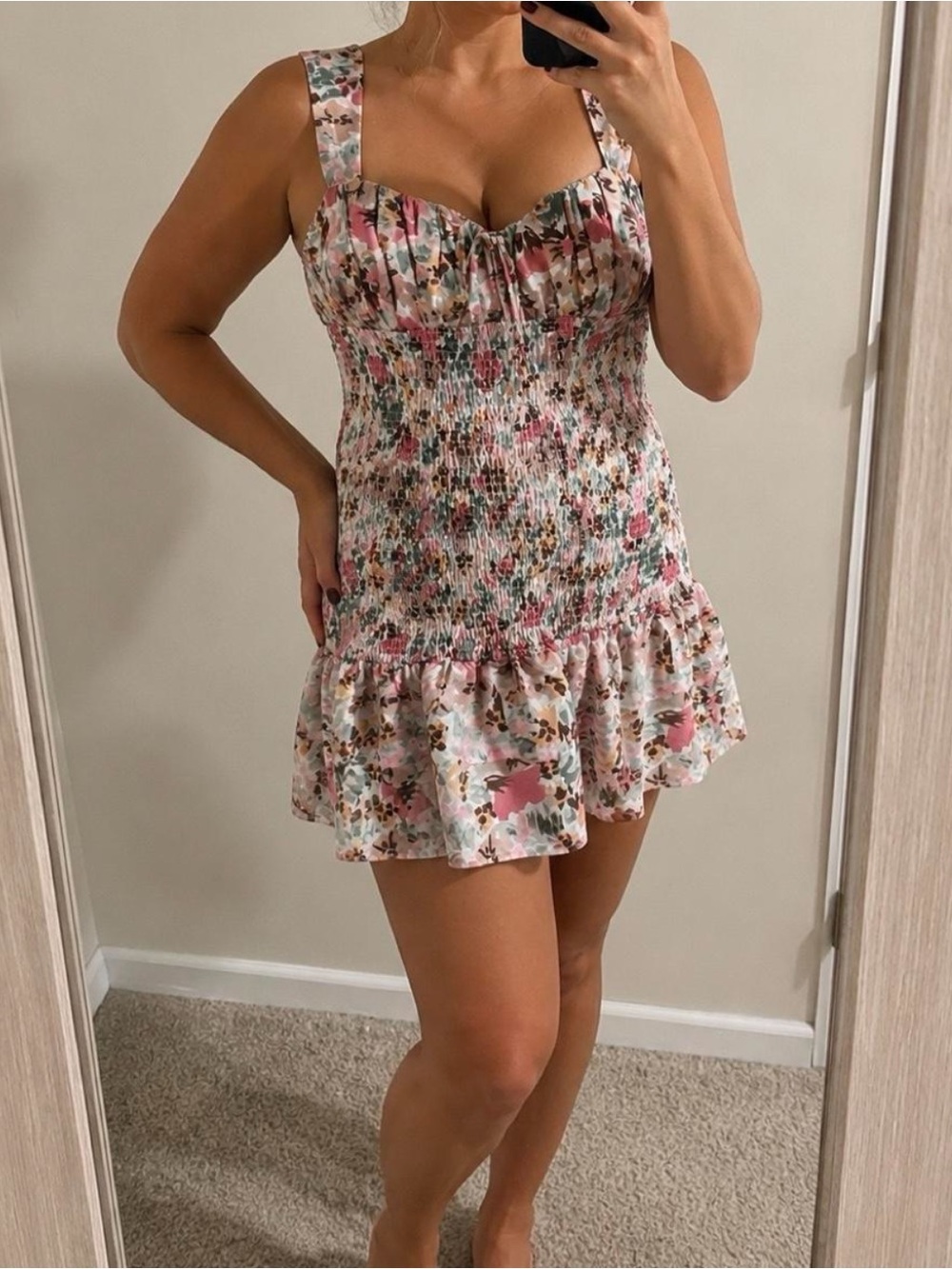 Runaway Acantha Floral Sweetheart Smocked Bodycon Mini Dress Large